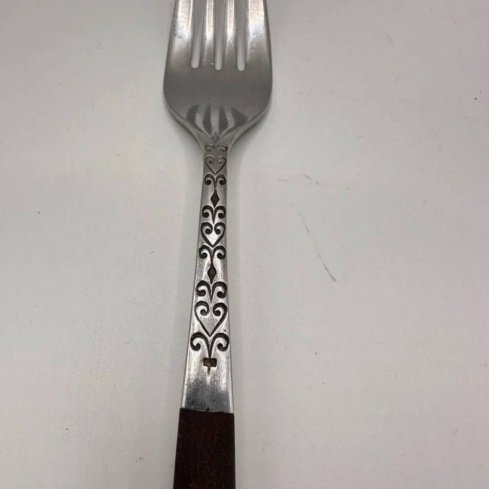 Vintage Interpur Stainless Steel Salad Fork Wood Scroll Heart Pattern Japan